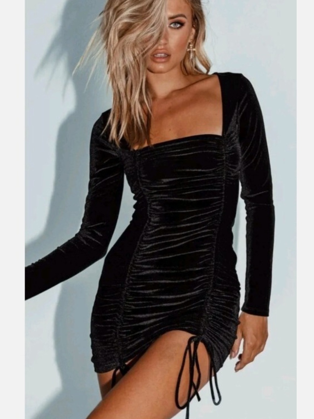 wild fable Black Ruched Velvet Mini Dress with Square Neck